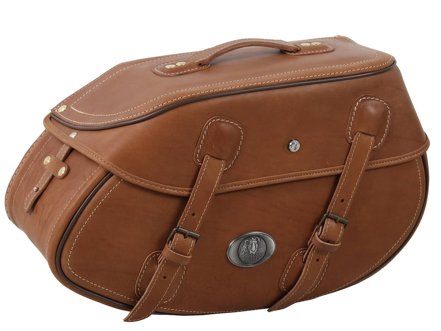 Motorradtasche [Hepco & Becker] - Leder Buffalo sandbraun links – Rohrpacktaschenhalter