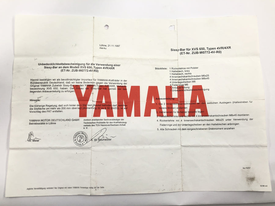 Yamaha XVS 650 4VR [1997] - Sissybar backrest pillion rest with certificate chrome